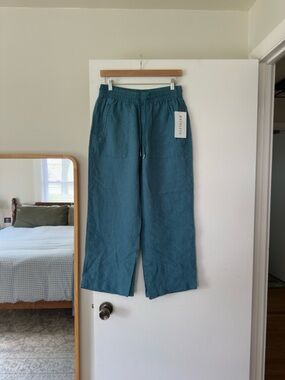 Athleta Teal Blue 100% Linen Wide Leg Pants Size 4P